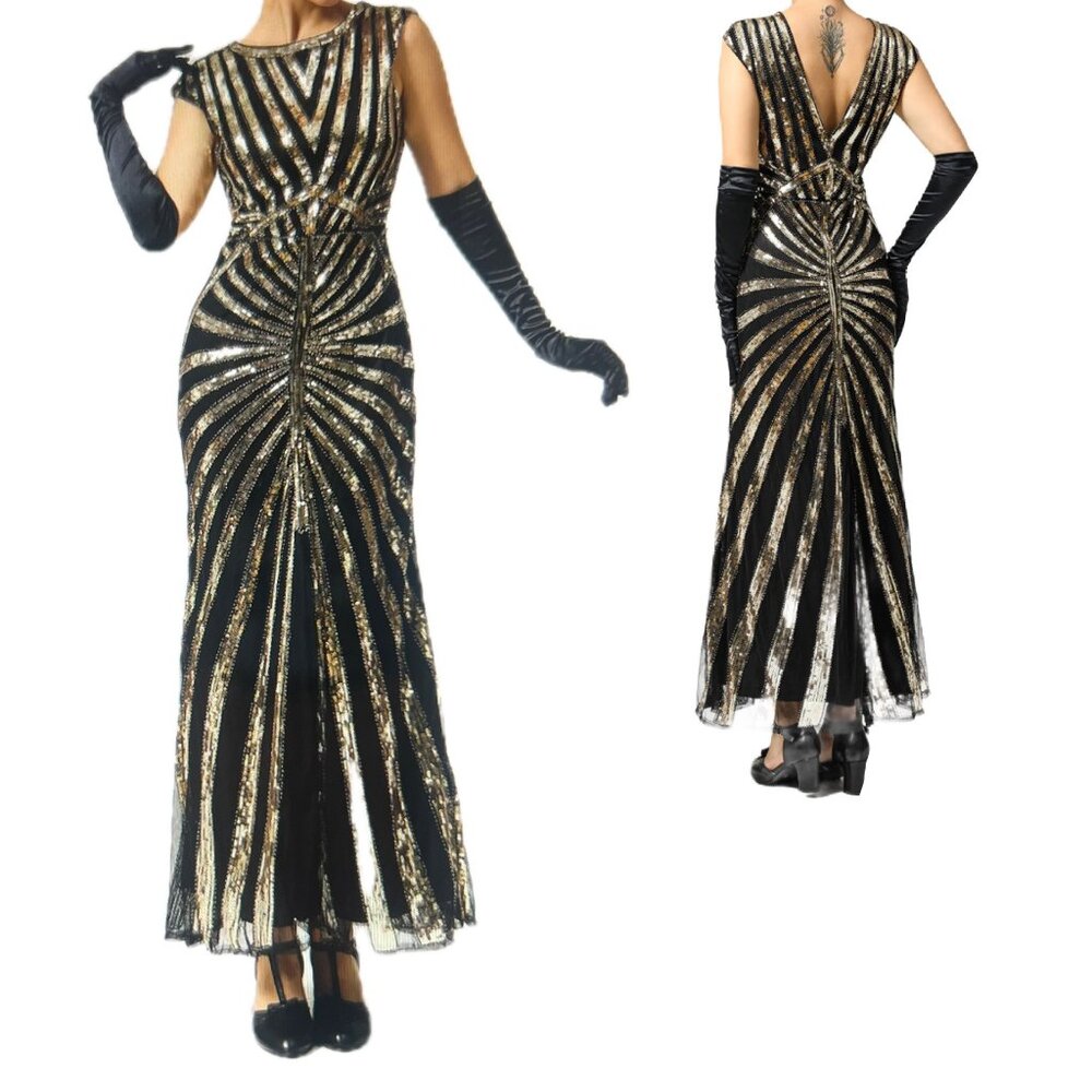 Fundaisy 1920 Long Gown Sequin Maxi Dress Black Gold Costume Size Small
